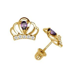 14K Solid Gold February Amethyst Purple Royal Crown Screwback Studs Earrings